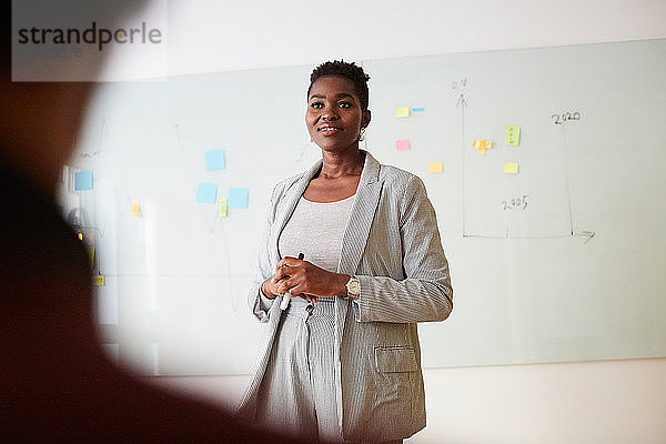 Lächelnde Unternehmerin schaut während der Präsentation im Büroseminar weg