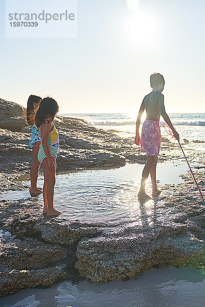 Geschwister spielen im Meeresgezeiten-Pool am sonnigen Strand