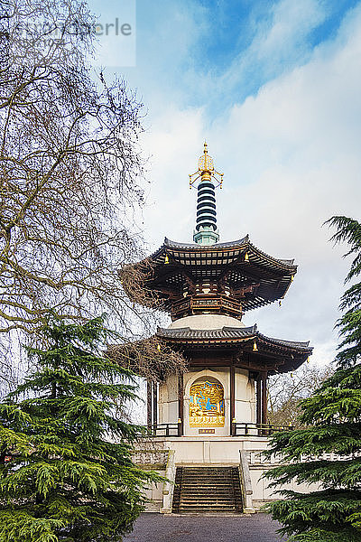 Die Londoner Friedenspagode im Battersea Park  errichtet vom Nipponzan Myohoji Nichiren Buddhist Order  London  England  Grossbritannien  Europa