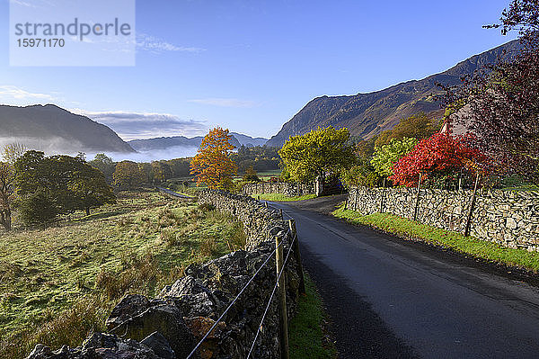 Herbstliche Szene in Borrowdale  Lake-District-Nationalpark  UNESCO-Weltkulturerbe  Cumbria  England  Vereinigtes Königreich  Europa