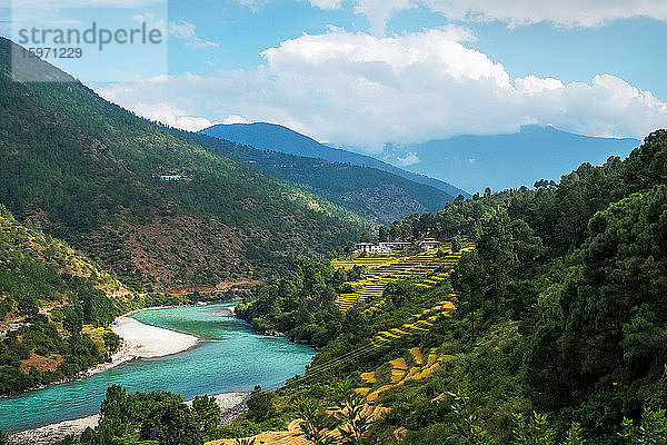 Punakha-Landschaft am Rande des Pho Chhu-Flusses und des Himalaja  Punakha  Bhutan  Asien