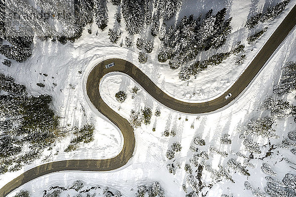 Drohnenansicht der malerischen kurvenreichen Straße  die Antorno und Misurina entlang verschneiter Wälder verbindet  Dolomiten  Provinz Belluno  Venetien  Italien  Europa