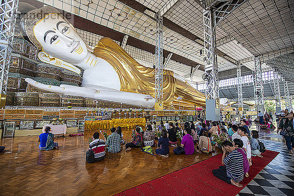 Pilger beten vor dem liegenden Buddha  Shwethalyaung-Tempel  Bago  Myanmar (Burma)  Asien