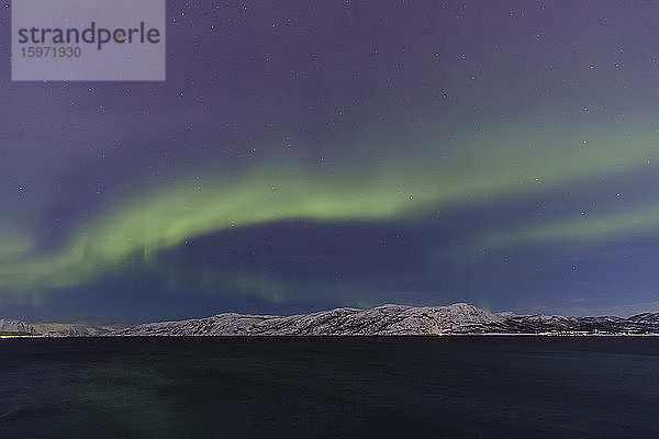 Nordlichter (Aurora Borealis) über den Bergen des Altafjords im Winter  Alta  Troms og Finnmark  Polarkreis  Nordnorwegen  Skandinavien  Europa