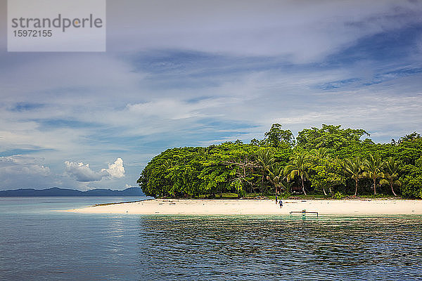 Ein Auslegerkanu auf einem verlassenen Strand  Insel Pulau Molana  Ambon  Maluku  Gewürzinseln  Indonesien  Südostasien  Asien