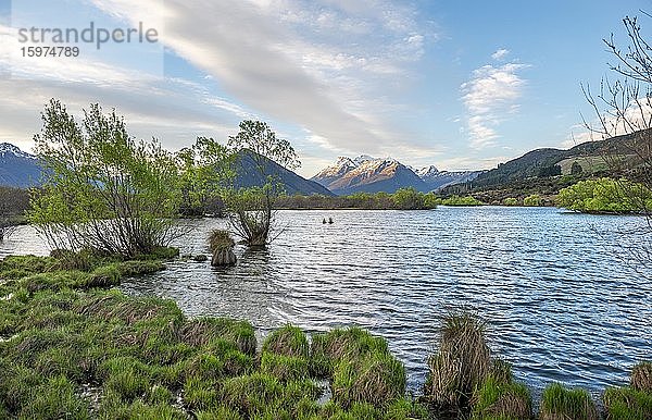 Berggipfel spiegeln sich im See  Glenorchy Lagune  Glenorchy  bei Queenstown  Südinsel  Neuseeland  Ozeanien