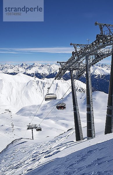 Schild höchster Punkt im Skigebiet Serfaus-Fiss-Ladis  Masnerkopfbahn  Panoramablick auf schneebedeckte Bergkette vom Masnerkopf  Tirol  Österreich  Europa