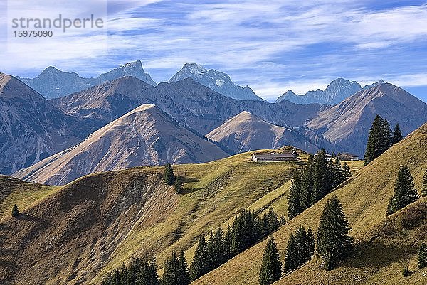 Herbstliche Gebirgslandschaft  im Vordergrund Lochalm-Hochleger  hinten Östliche Karwendelspitze  Vogelkarspitze  Raffelspitze und Hochkarspitze  Tirol  Österreich  Europa