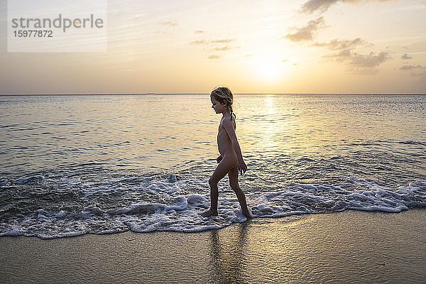 Nacktes kleines Mädchen spaziert bei Sonnenuntergang am Strand  Willemstad  Curacao