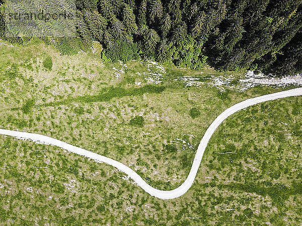 Italien  Provinz Udine  Tarvisio  Drohnenansicht einer kurvenreichen Landstraße in den italienischen Alpen