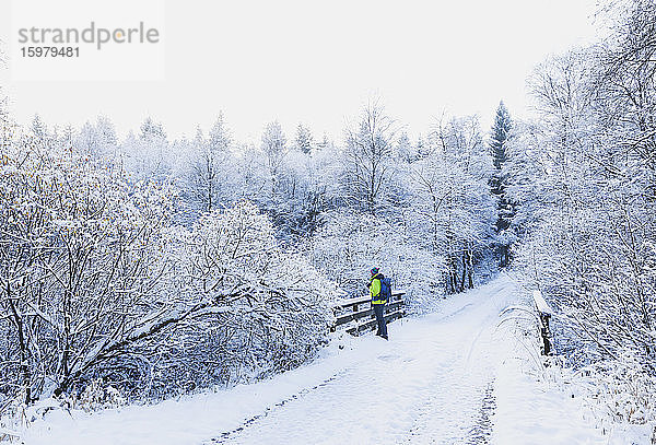 Deutschland  Nordrhein-Westfalen  Männlicher Wanderer bewundert die schneebedeckte Landschaft des Nationalparks Eifel