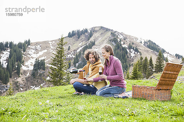 Mid adult couple enjoying drink during picnic against mountain