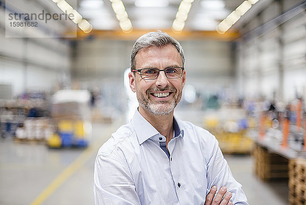 Porträt eines glücklichen reifen Geschäftsmannes in einer Fabrik