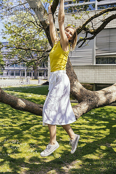 Porträt einer glücklichen Frau  die an einem Ast in einem Baum hängt
