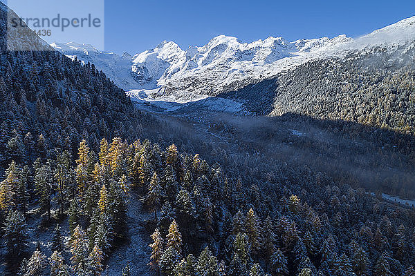 Schweiz  Kanton Graubünden  St. Moritz  Drohnenaufnahme von Nebel über dem bewaldeten Tal des Morteratschgletschers im Herbst