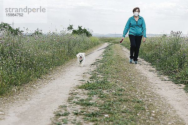 Ältere Frau mit Schutzmaske geht mit ihrem Hund auf einem Feldweg spazieren