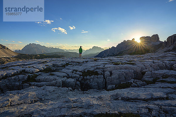 Rückansicht eines Jungen in einer Landschaft vor blauem Himmel bei Sonnenuntergang  Venetien  Italien