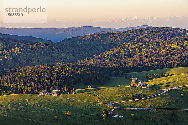 Deutschland  Baden-Württemberg  Hofsgrund  Bergdorf in der Morgendämmerung mit Wald im Hintergrund