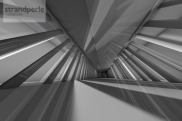 Dreidimensionales Rendering von Säulenreihen entlang eines futuristischen Korridors