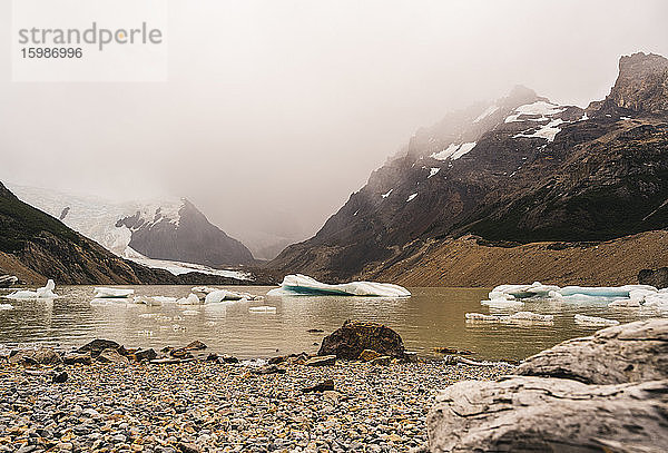 Argentinien  Eis schwimmt in der Nähe der felsigen Küste in Patagonien