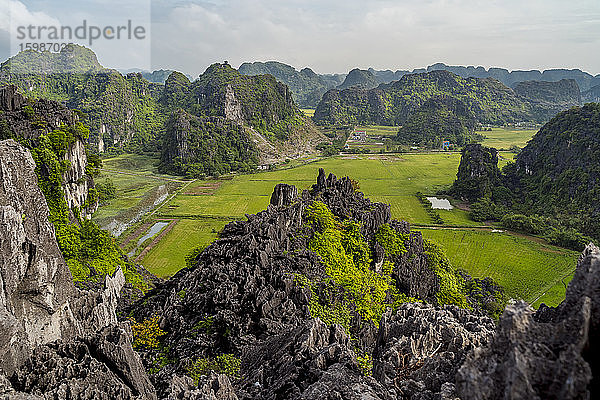 Vietnam  Provinz Ninh Binh  Ninh Binh  Blick auf bewaldete Karstformationen im Hong River Delta