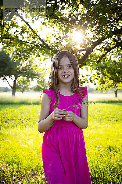 Porträt eines kleinen Mädchens in einem leuchtend rosa Kleid  das mit einem Grashalm in der Hand in die Kamera lächelt