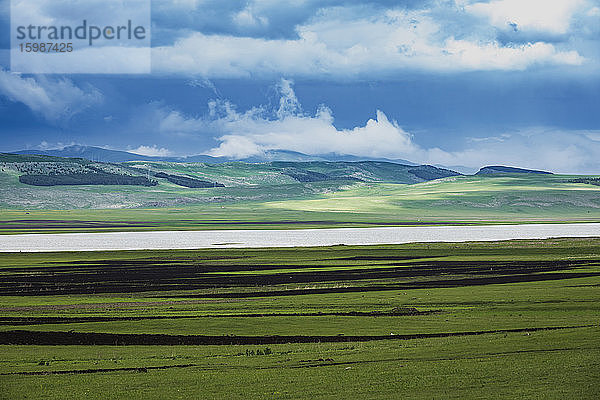 Georgien  Samtskhe-Javakheti  Poka  Grüne grasbewachsene Hochebene mit See und Hügeln im Hintergrund