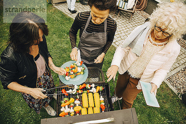 Schrägansicht auf ältere Freundinnen  die während der Party im Hinterhof grillen