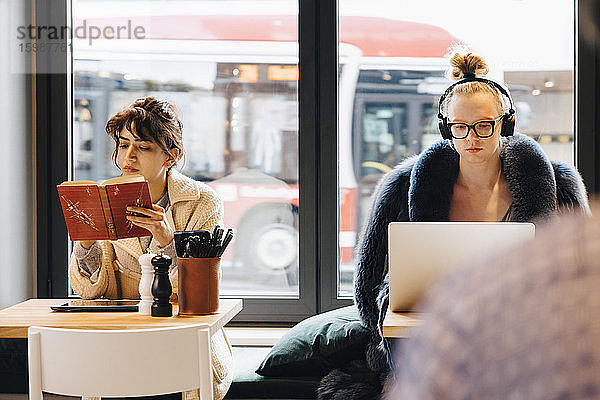 Kunden  die einen Roman lesen und den Laptop gegen das Fenster im Café benutzen