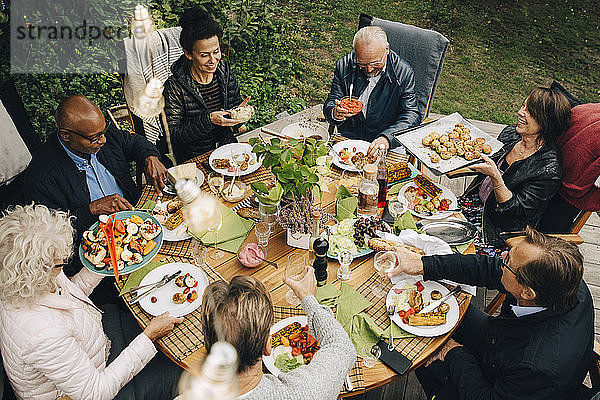 Schrägaufnahme von älteren männlichen und weiblichen Freunden  die während der Gartenparty im Hinterhof am Esstisch sitzen