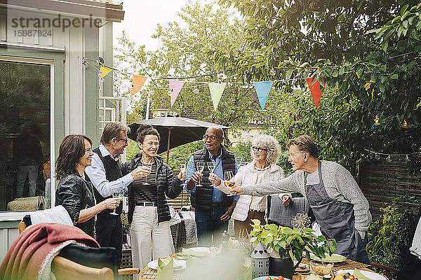 Aktive männliche und weibliche Seniorenfreunde stoßen mit einem Getränk an  während sie während eines Gartenfestes im Hinterhof stehen