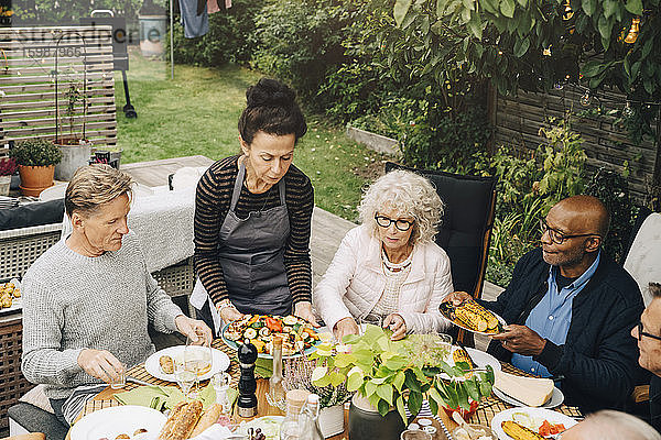 Frau serviert gegrilltes Essen für ältere Freunde  die während der Dinnerparty im Hinterhof am Esstisch sitzen