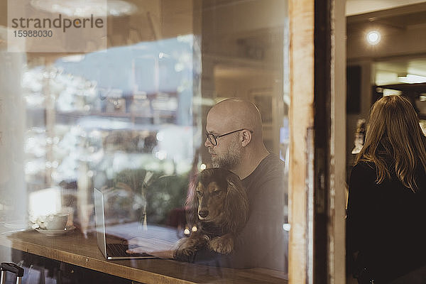 Kahlköpfiger Mann sitzt mit Hund  während er einen Laptop benutzt  der durch das Fenster eines Cafés gesehen wird