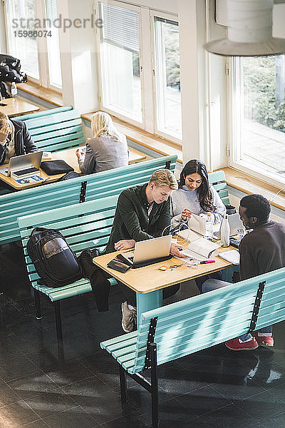 Männliche und weibliche Studenten lernen bei Tisch in der Cafeteria