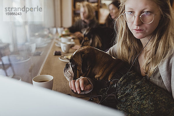 Junge Frau sitzt mit Boxerhund und benutzt Laptop im Café