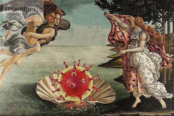 Fotomontage  Geburt des Coronavirus  Sandro Botticelli  Geburt der Venus  Gemälde