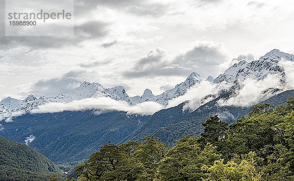 Ausblick auf schneebedeckte Bergkette mit Wolken  Aussichtspunkt Pop's View Lookout  Fiordland Nationalpark  Te Anau  Southland  Südinsel  Neuseeland  Ozeanien