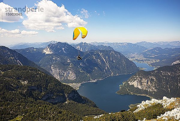 Paraglider am Krippenstein mit Hallstättersee  Hallstatt  Salzkammergut  Oberösterreich  Österreich  Europa