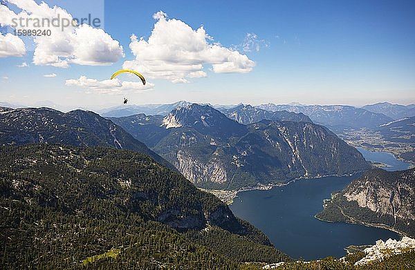 Paraglider am Krippenstein mit Hallstättersee  Hallstatt  Salzkammergut  Oberösterreich  Österreich  Europa
