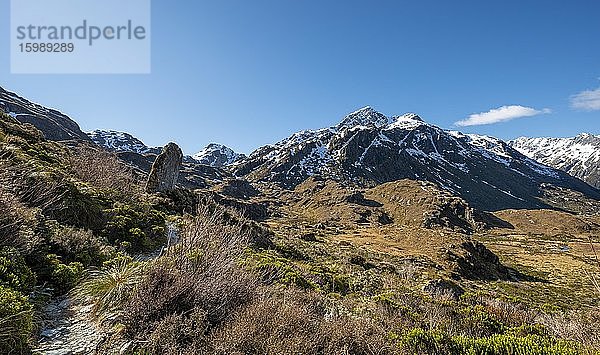Wanderweg Routeburn Track  hinten Berggipfel Mount Xenicus  Mount Aspiring National Park  Westland District  Westküste  Südinsel  Neuseelandl