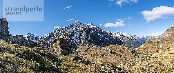 Ausblick auf umliegende Gipfel mit Mount Xenicus unterhalb des Lake Harris  Routeburn Track  Mount Aspiring National Park  Westland District  Westküste  Südinse