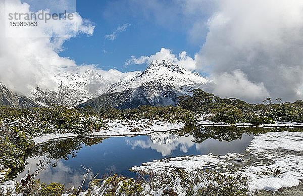 Kleiner Bergsee mit Spiegelung  Ausblick auf wolkenverhangene Berge  Schnee am Gipfel des Key Summit  Mt. Christina  Fiordland Nationalpark  Westküste  Südinsel  Neuseeland  Ozeanien