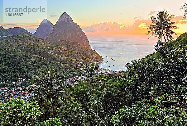 Tropen-Landschaft mit Ausblick auf den Ort und die beiden Pitons  Gros Piton 770m und Petit Piton 743m  Abendsonne  Soufriere  St. Lucia  Kleine Antillen  Westindische Inseln  Karibik  Mittelamerika
