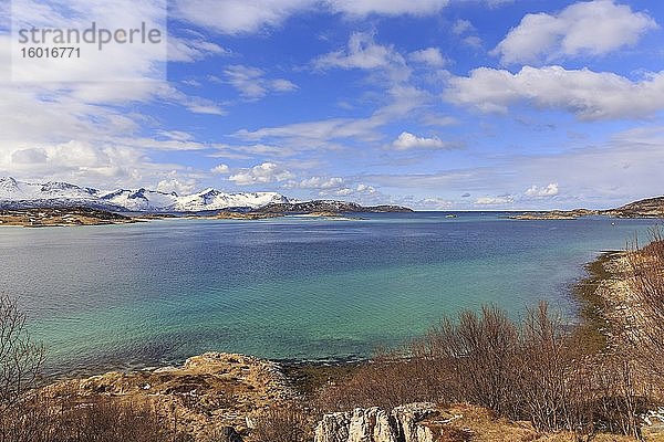 Türkises Meer  hinten schneebedeckte Berge der Insel Senja  Sommarøysund  Sommarøy  Troms  Norwegen  Europa