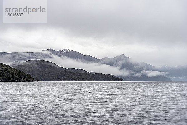 Wolkenverhangene Berge  See Te Anau  Südinsel  Neuseeland  Ozeanien