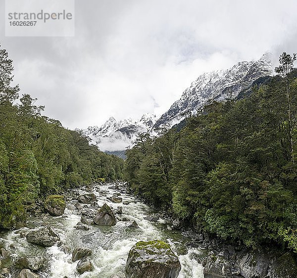 Hollyford Fluss mit verschneiten Bergen  Whakatipu Ka Tuka  Fiordland Nationalpark  Te Anau  Southland  Südinsel  Neuseeland  Ozeanien