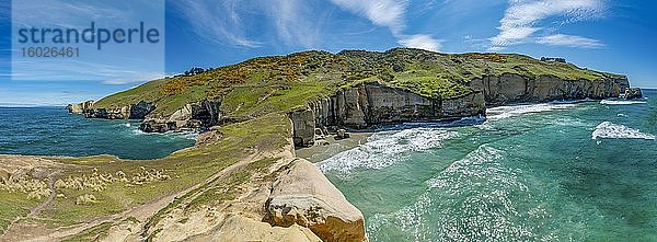 Felsige Steilküste aus Sandsteinfelsen  Tunnel Beach  Otago  Südinsel  Neuseeland  Ozeanien