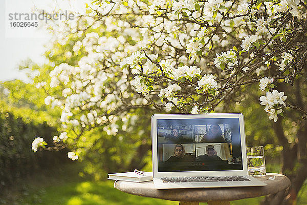 Video-Chat mit Freunden auf Laptop-Bildschirm im sonnigen Garten