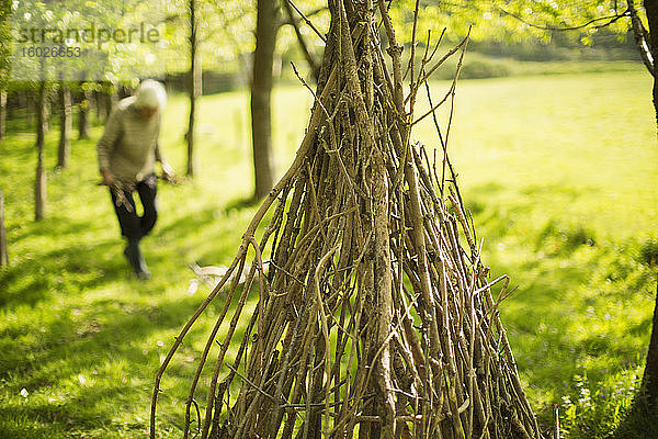 Ältere Frau sammelt Äste für Tipi im Wald