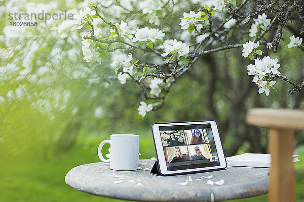 Video-Chat mit Kollegen auf digitalem Tablet-Bildschirm im Garten